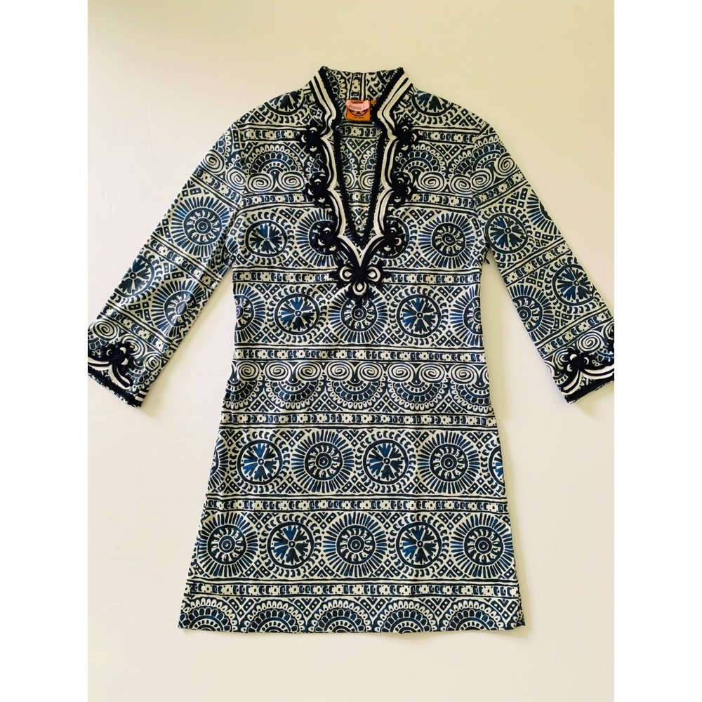 Tory Burch Medallion Tunic Dress Stretch Cotton Blend Soutache Navy Ivory sz 4